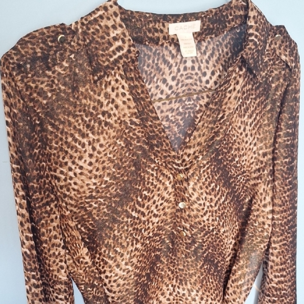 Cache Leopard Print V-Neck Blouse